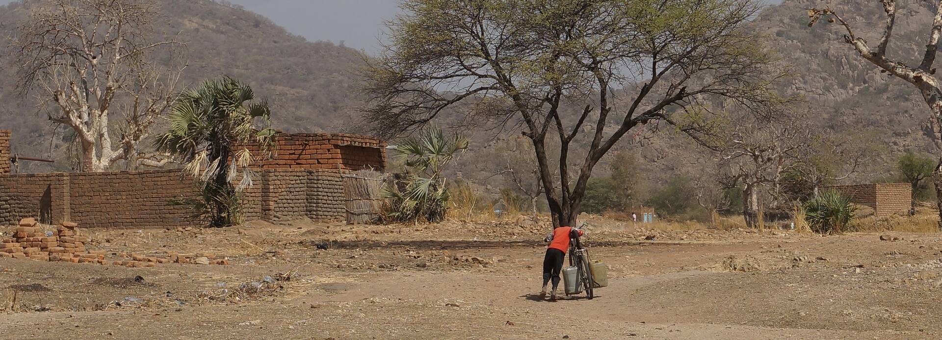 Eine Person mit Rücken zur Kamera schiebt ein Fahrrad in einer ländlichen Umgebung in Süd-Kordofan, Sudan.