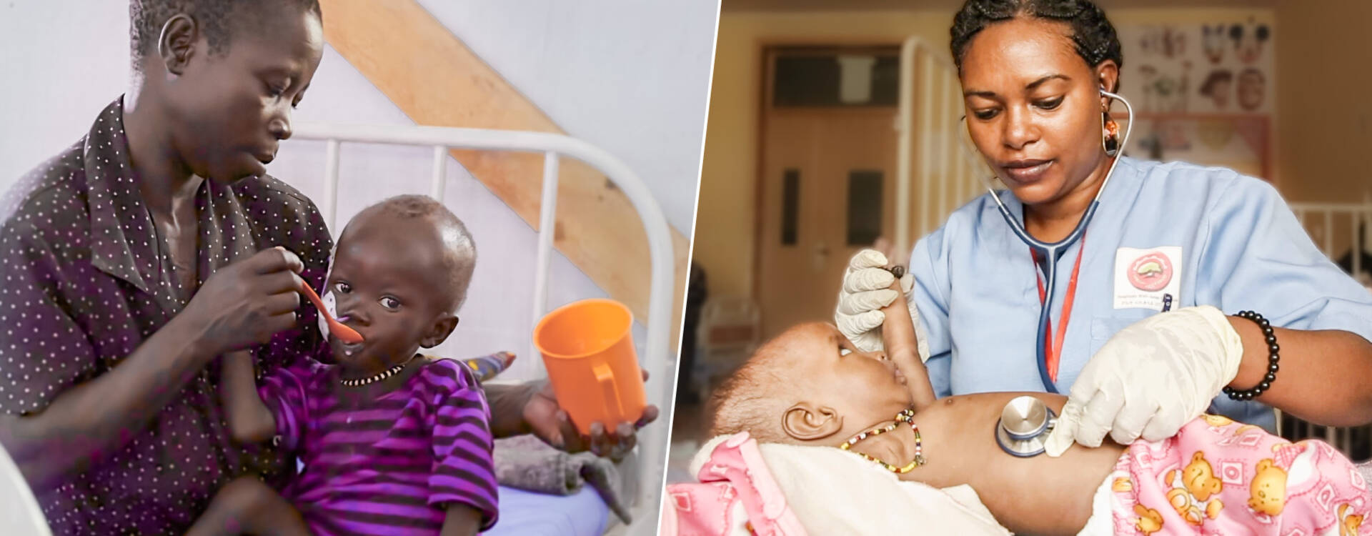 Mutter füttert mangelernährtes Kind in einer Gesundheitsstation von Aktion gegen den Hunger/Ärztin untersucht Kleinkind in einer Gesundheitsstation