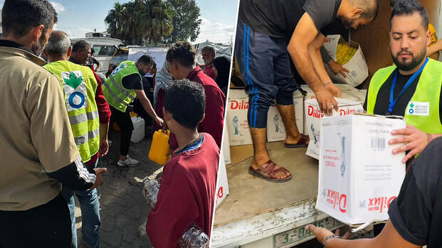 Wir setzen alles daran, die Menschen mit dem Notwendigsten zu versorgen. Unsere Teams verteilen Trinkwasser an die notleidende Bevölkerung.