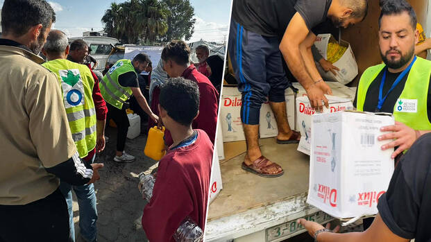 Wir setzen alles daran, die Menschen mit dem Notwendigsten zu versorgen. Unsere Teams verteilen Trinkwasser an die notleidende Bevölkerung.