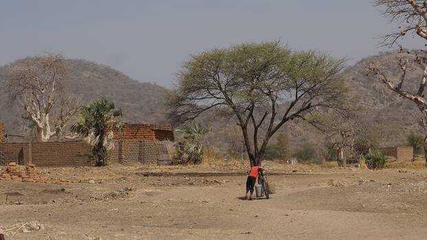 Eine Person mit Rücken zur Kamera schiebt ein Fahrrad in einer ländlichen Umgebung in Süd-Kordofan, Sudan.